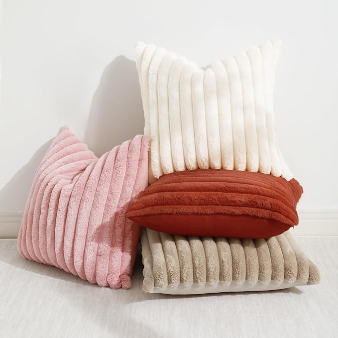 decorUhome Faux Fur Fall Throw Pillow Covers 12x20 Set of 2, Decorative Soft Plush Striped Lumbar Neutral Couch Euro Pillow Covers with Velvet Back for Sofa, Bed, Living Room Home Decor, Rust