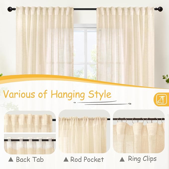 YoungsTex Champagne Linen Semi Sheer Curtains 72 Inch Length for Living Room, Light Filtering Textured Window Treatments Rustic with Rod Pocket Back Tab for Bedroom Dining, 2 Panels, 52 X 72 Inch