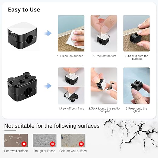 6-Piece Magnetic Cable Clips Set with 6 Silicone Suction Cups for Cable Management | Magnetic Cord Holder and Organizer Keeper for Home Office, Desk, Phone, Car, Wall, and Nightstand