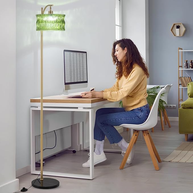 Glass Floor Lamp for Living Room, Modern Gold Standing Lamp with Remote Control & 3 Color Temperature, Green Floor Lamps with Glass Lampshade Dimmable Tall Floor Lamp for Bedroom Corner