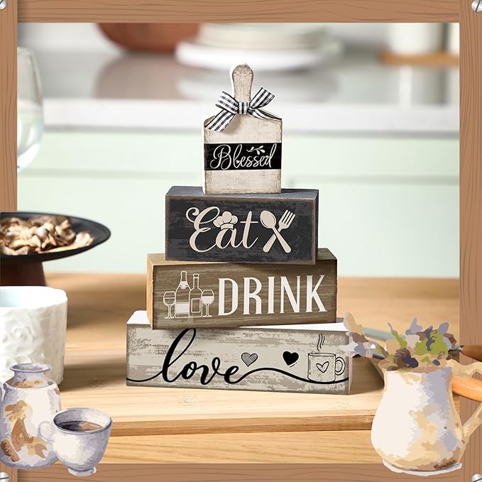 4 Pcs Wooden Farmhouse Tabletop Decor Farmhouse Tiered Tray Decor Black Brown and White Plate Tableware Centerpiece Wooden Plate Rustic Decorative Block Sign for Kitchen Shelf Desk Decoration
