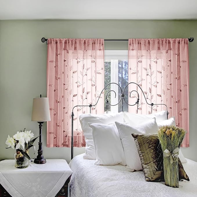 HOMEIDEAS Blush Pink Sheer Kitchen Curtains 52 x 54 Inch Length 2 Panels Embroidered Leaf Pattern Short Curtains for Bedroom Half Small Bathroom Window Rod Pocket Tiers