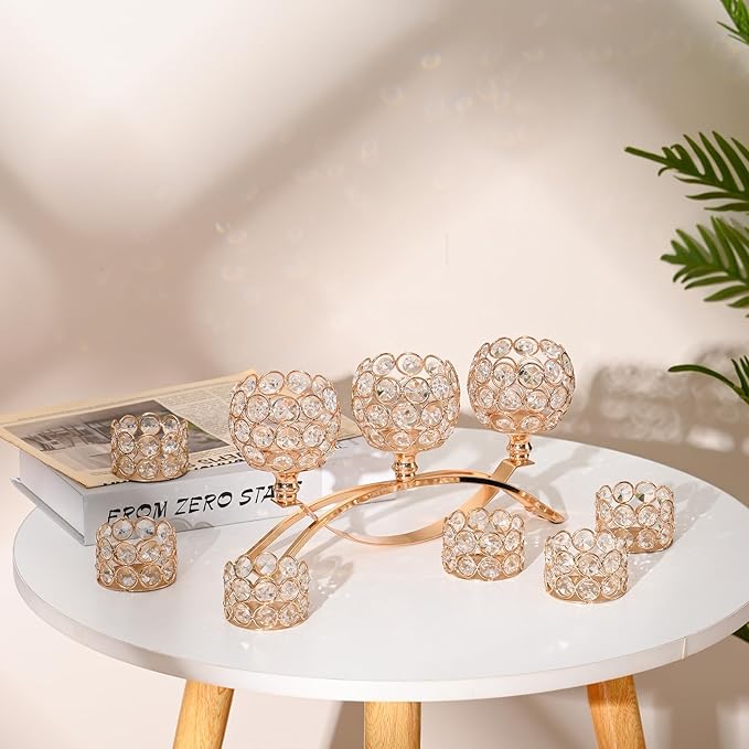 VINCIGANT Gold Crystal Candle Holders Decorative Candelabra 3 Arms with 6Pcs Tea Light Candle Holders for Wedding,Anniversary Center Pieces,Dinner Party Table Decor Candles Centro de mesa para boda