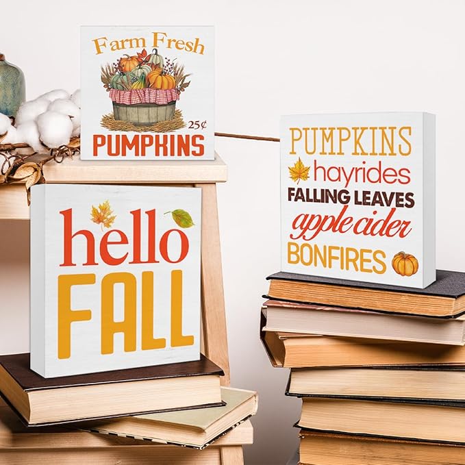3 Pcs Fall Wood Signs Decor Autumn Wood Block Signs Farmhouse Hello Fall Pumpkins Wooden Box Signs Decorations for Home Tiered Tray Desk Table Shelf