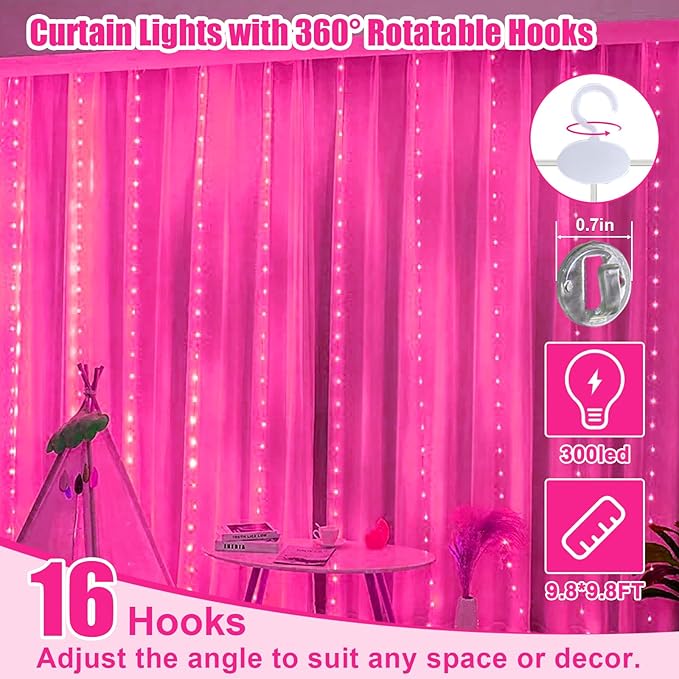 Pink Curtain Light with Untangled Wires for Bedroom, 300LED 9.8ft x 9.8ft Window Fairy Curtain String Light with 16 Hooks, 8 Models Remote Control for Wedding Party Home Garden Indoor Decor