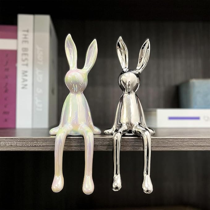 2-Piece Rabbit Decor Sculptures - Home, Office, Living Room, Bedroom - Accents, Decorations, Figurines - Small Statues for Bookshelf, Desk - Ideal Gifts (Silver, White)
