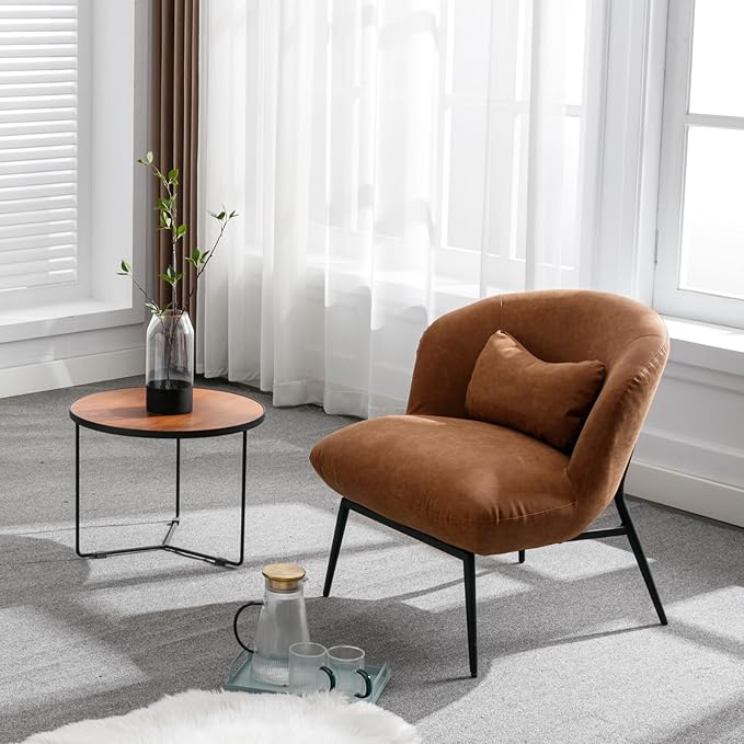 Modern Accent Chair, Upholstered PU Leather Side Chair Guest Chair with Small Pillow Black Metal Legs, Comfy Lounge Chair for Living Room Bedroom, Brown