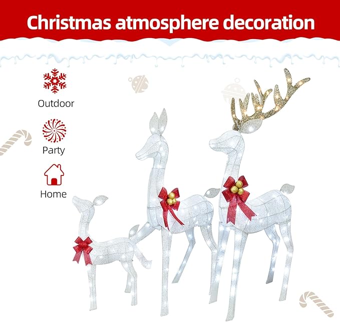 Lighted Christmas Decoration Deer 3 Piece, Light up Christmas Decor Reindeer Family Set for Indoor Outdoor Front Yard Porch with LED Lights, Plug, Ground Stakes - White
