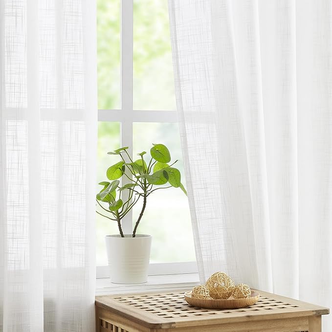 White Sheer Curtains for Living Room 84 inches Long Linen Textured Light Filtering Basic White Semi Sheer Window Curtain Set for Bedroom Office Wrinkle Free 54”w 2 Panels Grommet Top