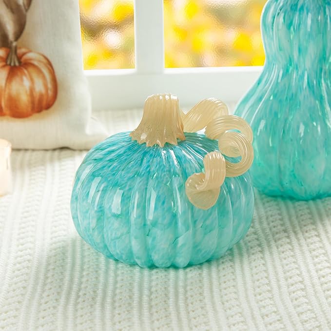 Glitzhome 6" D Round Turquoise Glass Pumpkin,Thanksgiving Glass Pumpkin Fall Pumpkin Glass Blown Pumpkin Table Decor Harvest Glass Pumpkin Figurine Glass Crafts for Fall Thanksgiving Halloween Decor