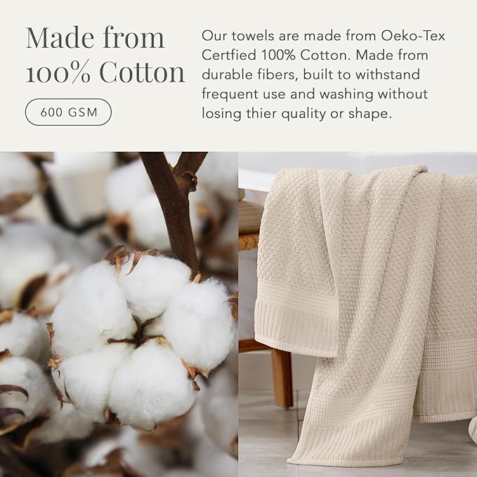 NY Loft 100% Cotton Bath Towel 4 Pack | Super Soft & Absorbent Quick-Dry Bath Towels 30" x 52" | Textured and Durable Cotton | Premium Thick Towels | Trinity Collection (4 Pack Bath Towel, Sand)