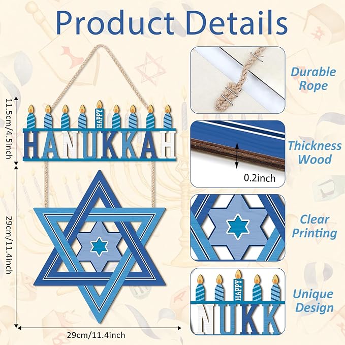 HPNIUB Happy Hanukkah Welcome Door Sign, Chanukah Candlestick Star Wooden Hanging Plaque, Blue Festival Front Door Hanger for Indoor Outdoor Home Porch Window Decor