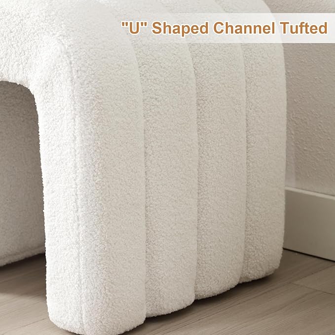 Flouki Ottoman Foot Stool with Channel Tufted, Small Ottoman Bench for Entryway, Modern Sherpa Vanity Stool Chair, Upholstered Foot Rest Extra Seat for Living Room (Off-White)