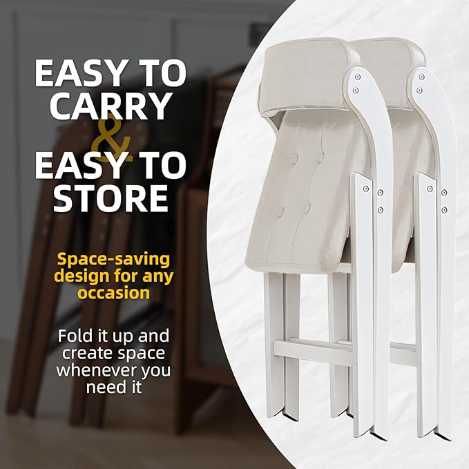 Wood Folding Chairs with Padded Seats, Wooden Folding Chairs Set of 2, Foldable Dining Chair with Cushion, Stackable Extra Chair for Indoor Outside Events, Party, Wedding (White Gray)