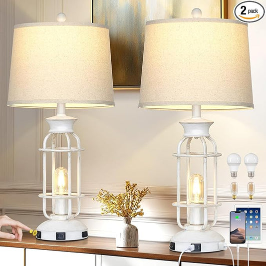 28" Vintage Table Lamps with USB C+A Ports & Outlet, Industrial Farmhouse Table Lamp for Living Room, Rustic Mid Century Modern Bedside Lamps with Nightlight & Beige Fabric Lampshade, Oil-Rubbed White