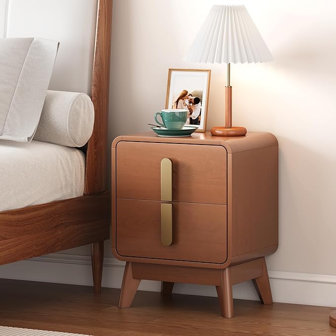 Nights tand Set 2, Mid Century Modern Bedside Table with Drawers, Curved Profile Design End Table with Metal Handle, Nightstand Set of 2 with Storage, Bed Side Tables for Bedroom, Cherry