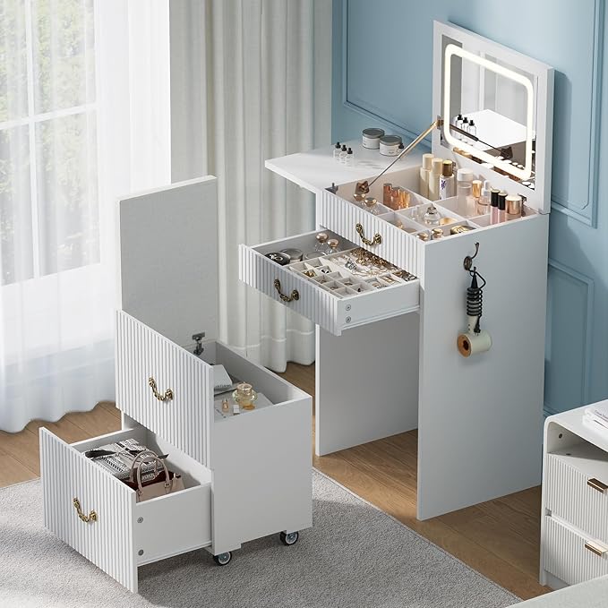 FURSUN 3-in-1 Vanity with Flip Mirror & Lights, Fluted Compact Vanity Table with 3 Drawers, Storage Compartment and Rolling Stool, Modern Small Makeup Vanity for Bedroom, Powder Room, Solid White