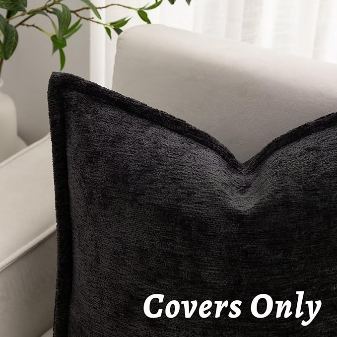 Black Decorative Throw Pillow Covers 22x22 Inch Set of 2 Cozy Soild Chenille Cushion Cases Soft Textured Square Couch Pillows Cover Boho Accent Farmhouse Pillowcases for Sofa Bed