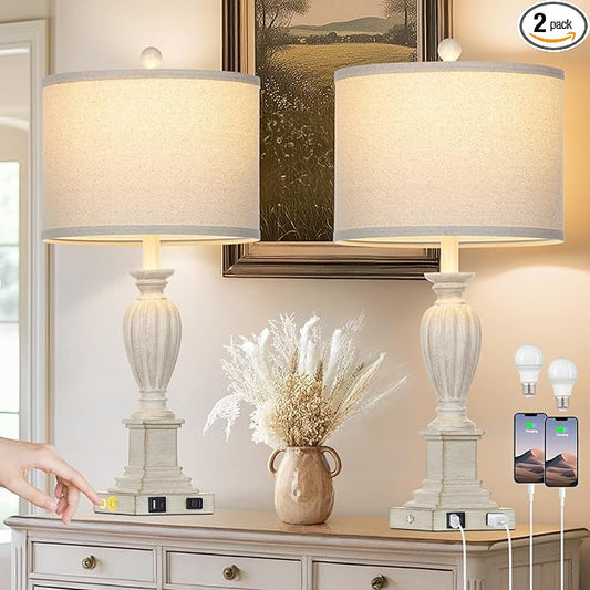 27" Farmhouse Table Lamps Set of 2 with USB C+A Ports & AC Outlet for Vintage Living Room Retro Bedroom,3-Way Dimmable Touch Lamp Resin Bedside Lamps for Nightstand Side End Table,Cream