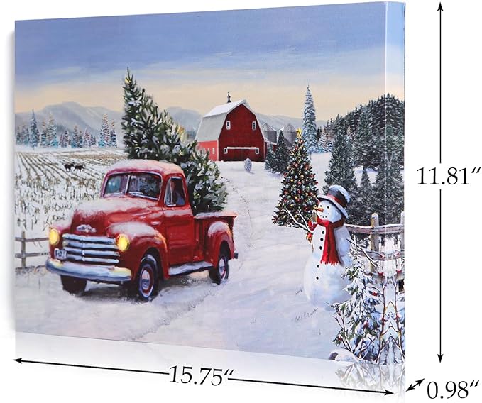 NIKKY HOME 16" x 12" Christmas LED Lighted Canvas Wall Art Prints Light Up Red Truck Barn House and Christmas Tree Picture Winter Snow Scene for Holiday Decor