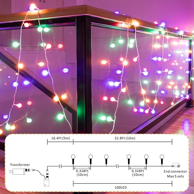 Ogrmar 49 ft 100 LED Globe Ball String Lights 8 Modes Fairy String Lights with Remote, Timer Function & Connectable for Indoor Outdoor Wedding Birthday Christmas Tree Garden Decor (100, Multicolor)