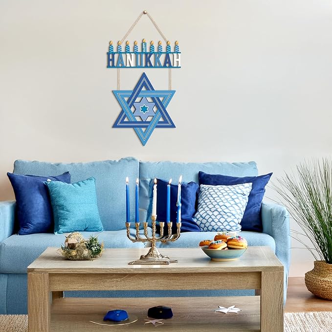 HPNIUB Happy Hanukkah Welcome Door Sign, Chanukah Candlestick Star Wooden Hanging Plaque, Blue Festival Front Door Hanger for Indoor Outdoor Home Porch Window Decor