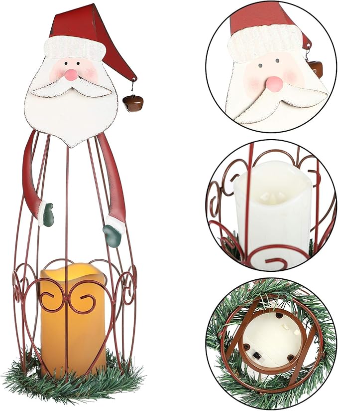 MorTime 2 Pack Christmas Candle Lantern with LED Lights, Metal Lighted Santa Claus Lanterns for Christmas Holiday Home Decorations