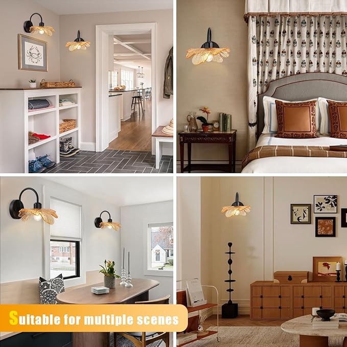 Black Wall Sconce 1-Light Black Bathroom Vanity Light Over Mirror, Modern Wall Light Fixture with Amber Glass Shade Flower Art Deco Wall Sconce Bedroom Wall sconces for Bedroom Hallway Living Room