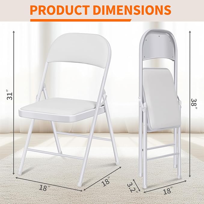1 Pack Folding Chairs with Cushion Padded - Metal Chairs w/Comfortable Seats and Durable Steel Frame Foldable Chair for Indoor Outdoor Wedding, Party, Backyard & Office Events (White, 1 Pack)