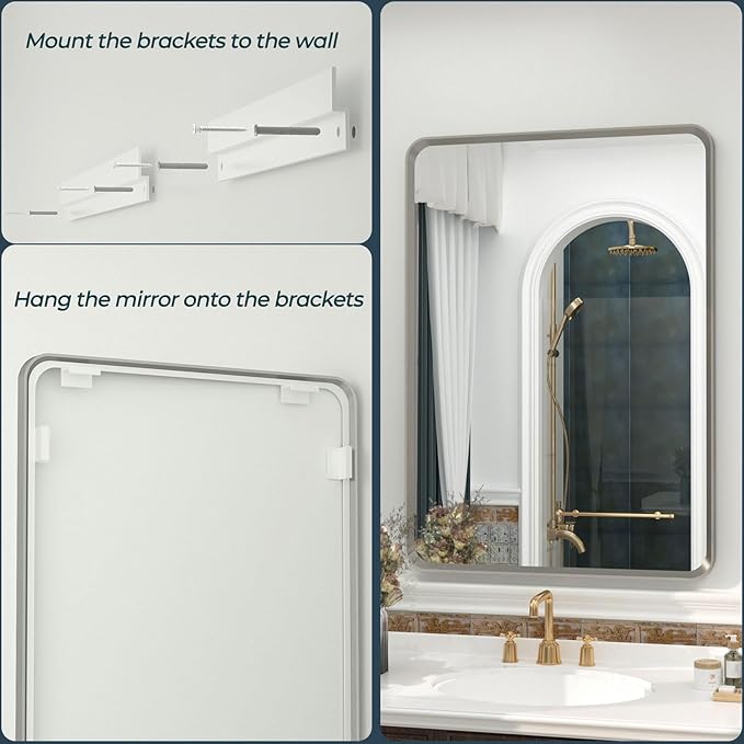 OKPAL 44 x 32 Brushed Nickel Bathroom Vanity Mirror, Large Rounded Rectangle Bathroom Mirrors for Over Sink, Metal Framed Silver Mirror for Wall, Shatterproof HD Tempered Glass(Horizontal/Vertical)