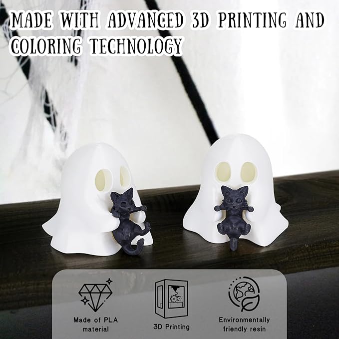 1 Pcs Halloween Ghost Figurine Cute Desktop Ornament Cute Cartoon Little Ghost Hugging Kitten Designs 3D Printing Spooky Halloween Statue for Home Offince Art Display Decor Suppies
