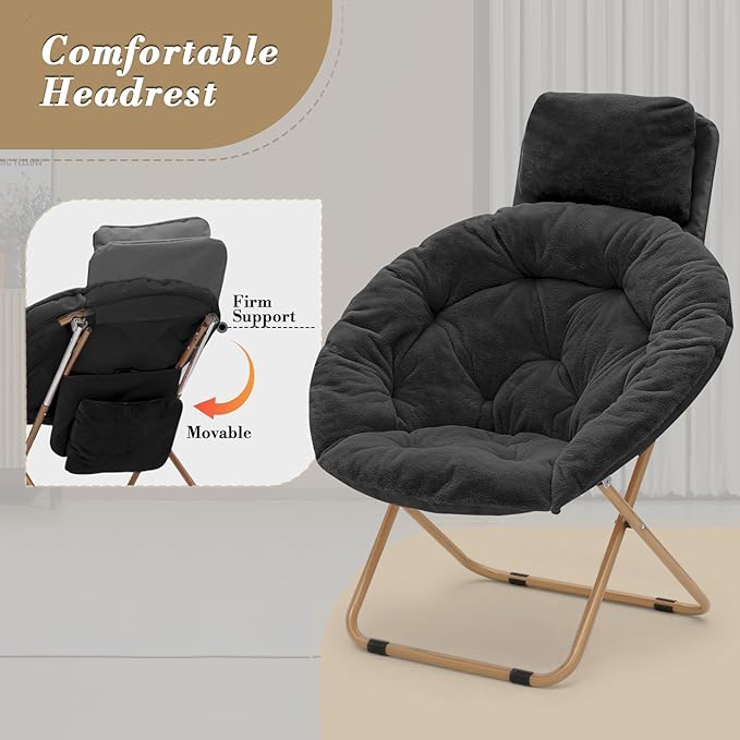 Athena Collection Comfy Saucer Chair with Headrest Oversize Round Cozy Chair Folding Chair Faux Fur Metal Frame Foldable Reading Chair Accent Chair for Bedroom Living Room, Black