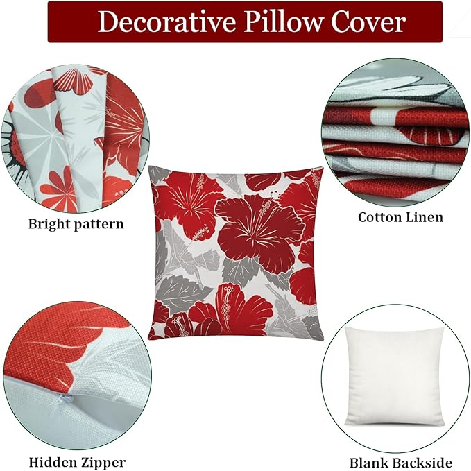 COMMINY Red Grey Pillow Covers 18x18 Set of 6 Decorative Burgundy Daisy Throw Pillow Cover for Couch Modern Farmhouse Cushion Pillow Case for Living Room Patio Home Decor