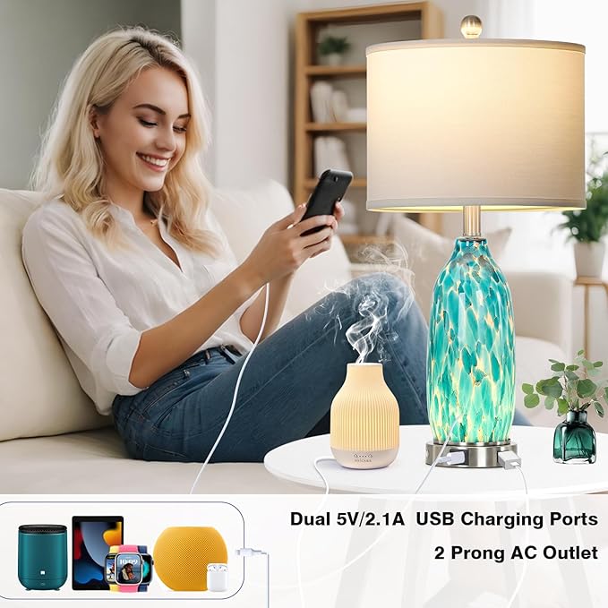 26" Peacock Green Glass Table Lamps Set of 2,Coastal Nautical Bedside Lamps with USB Ports & AC Outlet,Lamparas Elegantes para Cuarto with Night Light for Bedroom Living Room Decoration