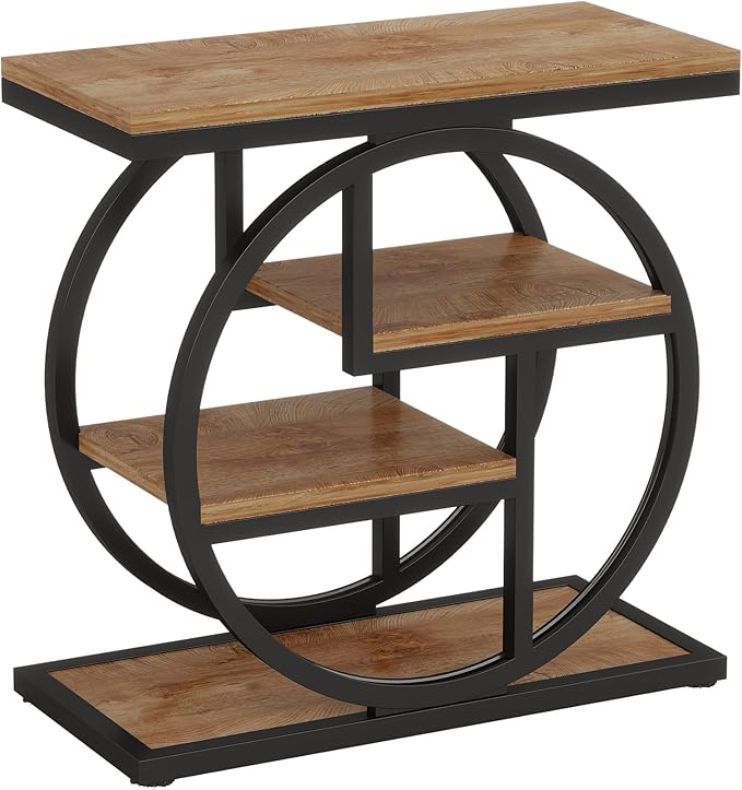 Tribesigns End Table for Living Room, 4-Tier Narrow Side Table with Storage Shelves, Industrial Bedside Table for Bedroom, Wood Small Sofa Side Table with Geometric Metal Frame (1 PC, Natural Brown)