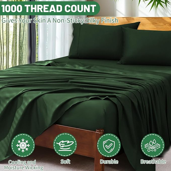 Extra Deep Pocket Queen Sheets 18-24 Inch 100% Egyptian Cotton 1000 Thread Count Sateen Weave Soft Breathable 4 Pieces(Queen,Forest Green)