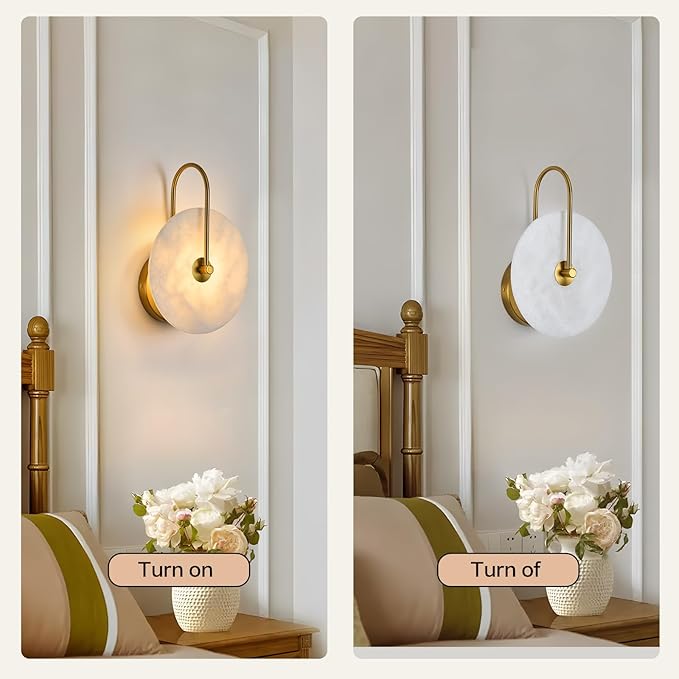 Round Alabaster Wall Sconce Set of Two, Natural Marble Lampshade Wall Sconce, Hardwired Circular Sconce LED Modern Wall Lamp for Bedroom, Stairs, Living Room, Bedside, Hallway