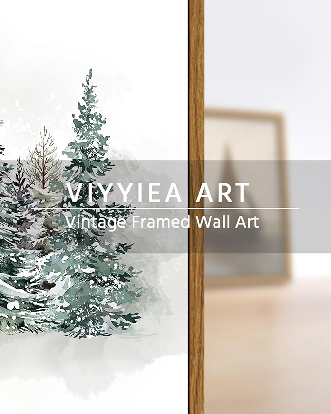 VIYYIEA Framed Canvas Wall Art, Vintage Christmas Decor, Large Winter Pine Forest Watercolor Picture Paintings Gifts, Retro xmas Nature Decorations for Bedroom Living Room Fireplace, 16x24In