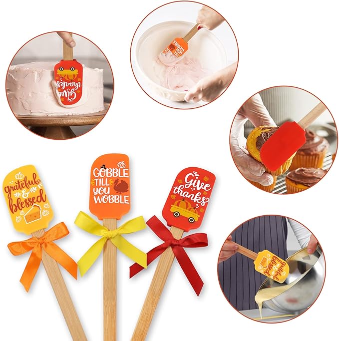 Thanksgiving Silicone Spatula Set Heat Resistant Home Kitchen Baking Decor Gift for Mom Food Grade Idea Birthday Housewarming Wedding Party with Wooden Handle and Colorful Ribbon Bows Mixing Cooking
