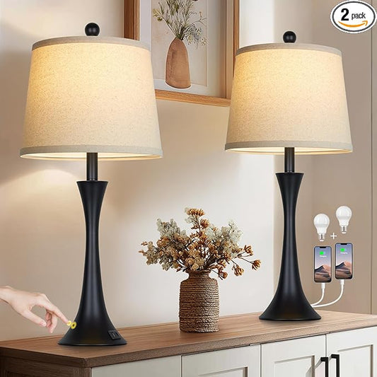 27.5" Table Lamps Set of 2, Touch Bedside Lamps with USB C+A Ports, 3 Way Dimmable Nightstand Lamps for Bedroom, Living Room, Office, Black Lamp with Beige Lampshade, Bulbs Included
