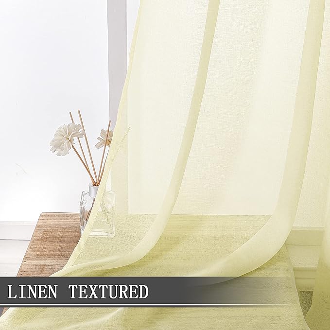 Tollpiz Sheer Tier Curtain Linen Textured Half Kitchen Curtains Sheer Light Filtering Rod Pocket Voile Small Curtains for Bathroom, 25 x 36 inches Long, Transparent Yellow, Set of 2 Panels