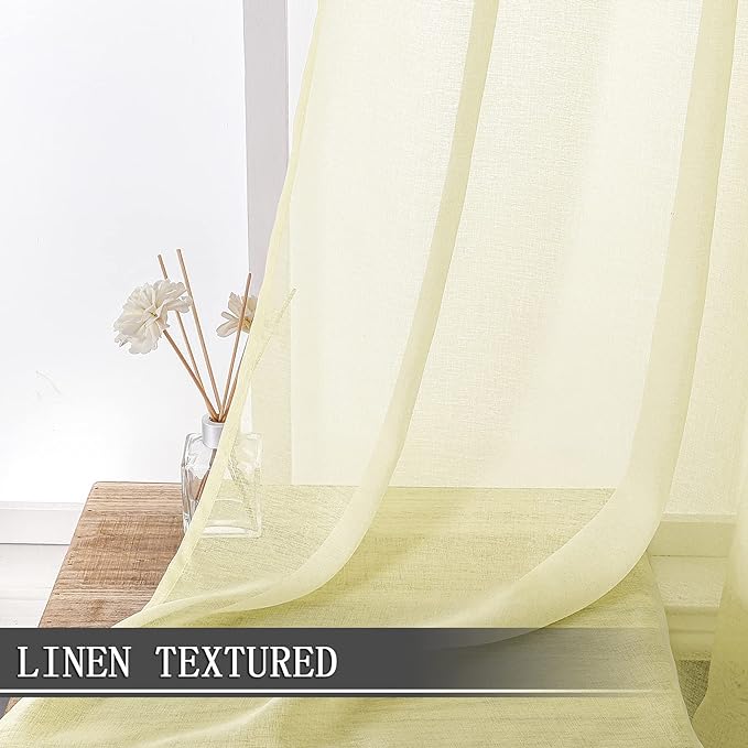 Tollpiz Short Sheer Curtain Living Room Linen Textured Curtains Sheer Light Filtering Voile Rod Pocket Curtain for Bedroom, 38 x 54 inches Long, Transparent Yellow, Set of 2 Panels