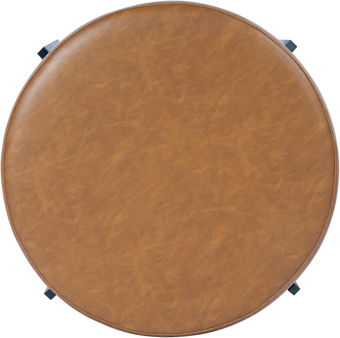 HomePop Modern Round Ottoman, Home Décor,Upholstered Round Velvet Foot Rest Ottoman - Carmel Faux Leather Small