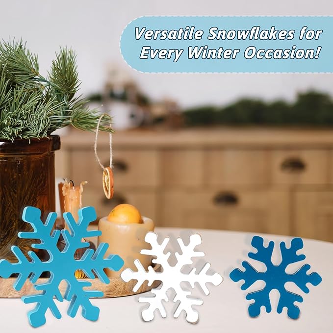 5Pcs Snowflake Christmas Table Decorations, White Blue Wooden Snowflakes Tabletop Centerpieces Christmas Winter Tiered Tray Table Decor for Xmas Holiday Party Supplies Home Mantel Decor