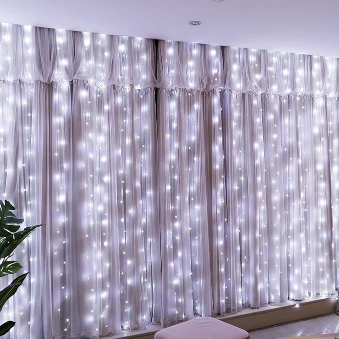 HXWEIYE 300LED Fairy Curtain Light (Upgrade Two Kinds of Light Clips) with Remote 8 Modes Times,9.8x9.8Ft White USB Plug-in Christmas Hanging String Light for Bedroom, Parties, Walls, Windows