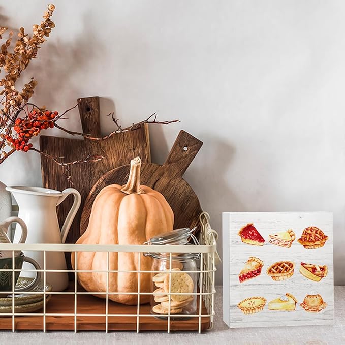Thanksgiving Fall Decoration Baking Signs Office Bedroom Dining Room Decor Wooden Box Block Plaque Wood Products Sign for Desk Table Tabletop Decor 5 x 5 inches Tub2308