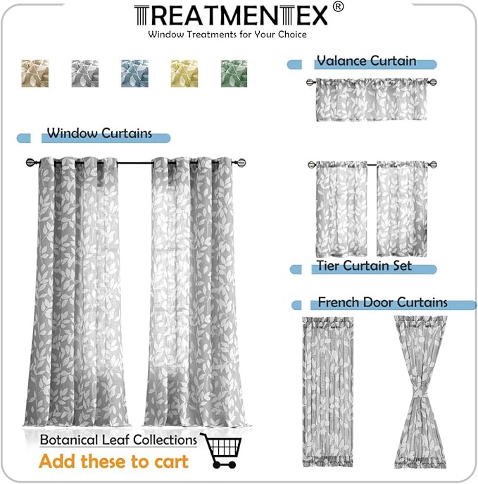White Green Curtains for Living Room 72" Length Leaf Print Semi-Sheer Curtains for School Bedroom Windows, Grommet Top, 2 Pack