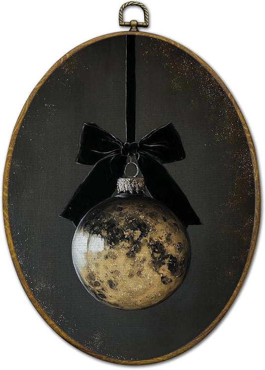 QZQE Vintage Moody Christmas Oval Wall Art Decor Framed, Dark Academia Coquette Bow Xmas Bauble Ball Oval Canvas Prints, Retro Christmas Wall Hanging Decor for Home Bedroom Living Room, 8.6x11.4 Inch