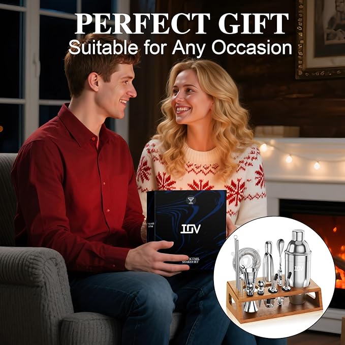 IOV Cocktail Shaker Set Bartender Kit with Stand | Bar Set Drink Mixer Set Includes Martini Shaker, Jigger, Strainer, Mixing Spoon, Muddler, Recipe Book | Home Bar Accessories Gift Set (Silver)