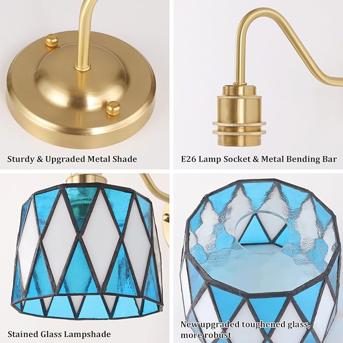 Vintage Battery Operated Wall Sconce Set of 2, 5000mAh Rechargeable Wall Lamp 12 RGB Colors Dimmable, Gold Lights Fixture for Bedroom Bathroom Living Room Hallway Blue Checker